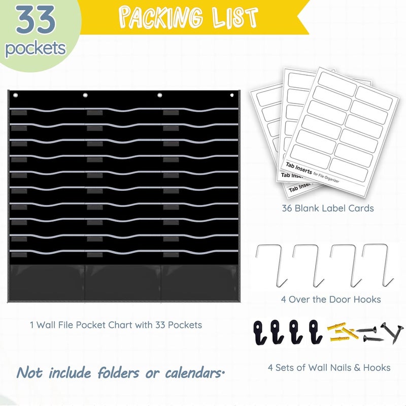 ALSLEA 33 Pockets Hanging Wall File Organizer for Legal/Letter Size Paper, Over the Door Organizer, 47½" x 45½" Pocket Chart for Classroom, Office, Warehouse, Home Use with 36 Name Tags & 8 Hooks - Image 4